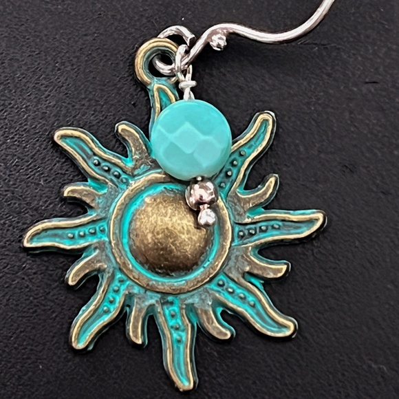 Faceted Moss Opal with Celestial Sun and Moon - Patina charm Earrings - Picture 2 of 5